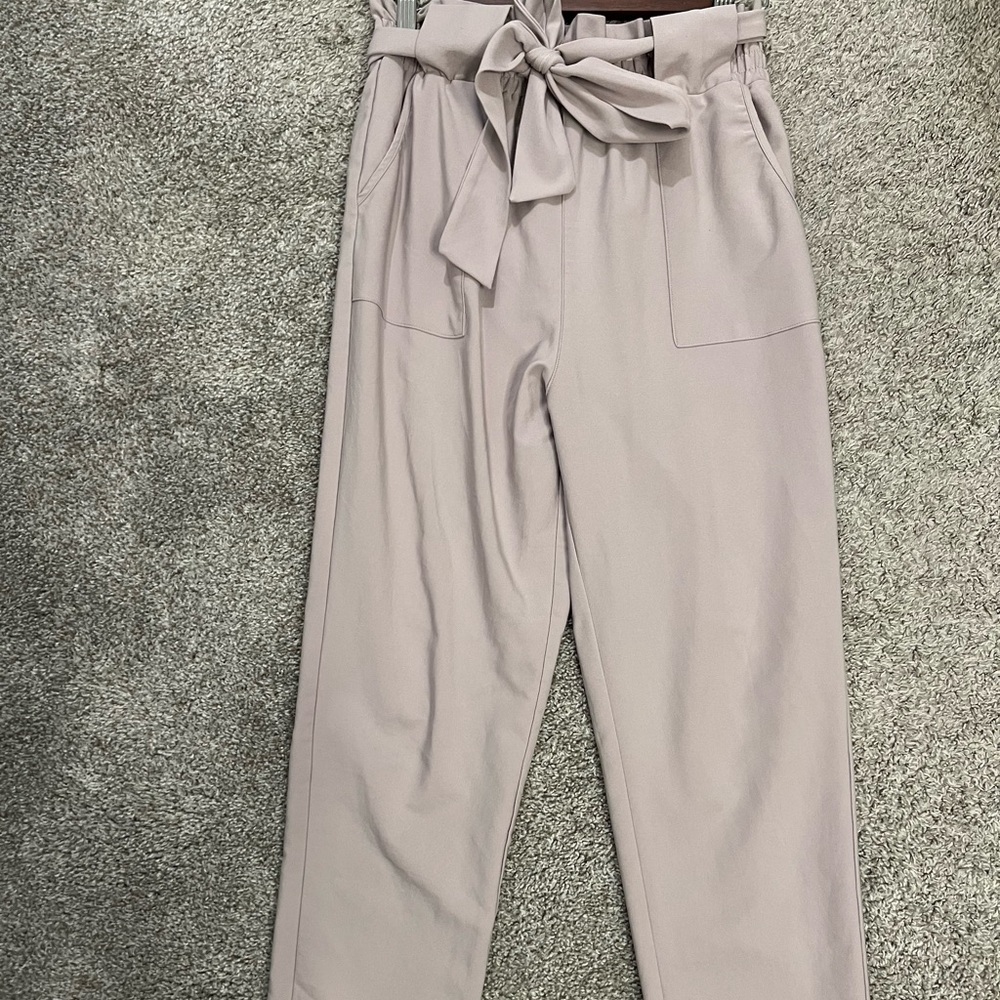 pale pink/purple stretchy work pants with tie belt